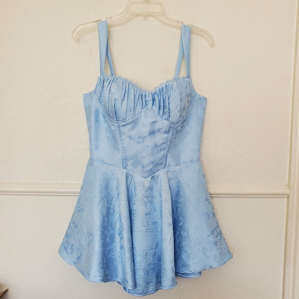 Baby Blue Floral Jacquard Corset Fit and Flare Mini Dress Sweetheart Neckline